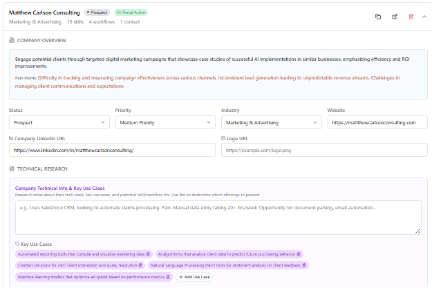 Client setup interface with pipeline status and classification fields