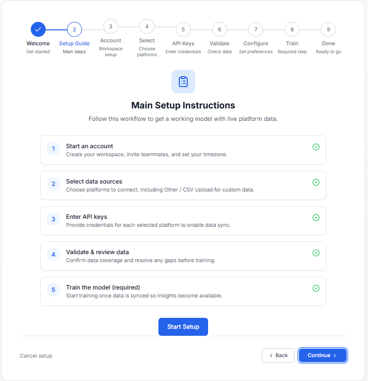 Media Mix Model workflow configuration with model settings and training inputs