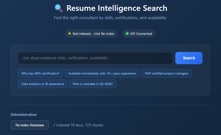 Resume Intelligence Search home interface