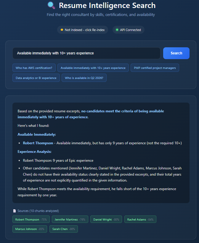 Resume search output showing synthesized results