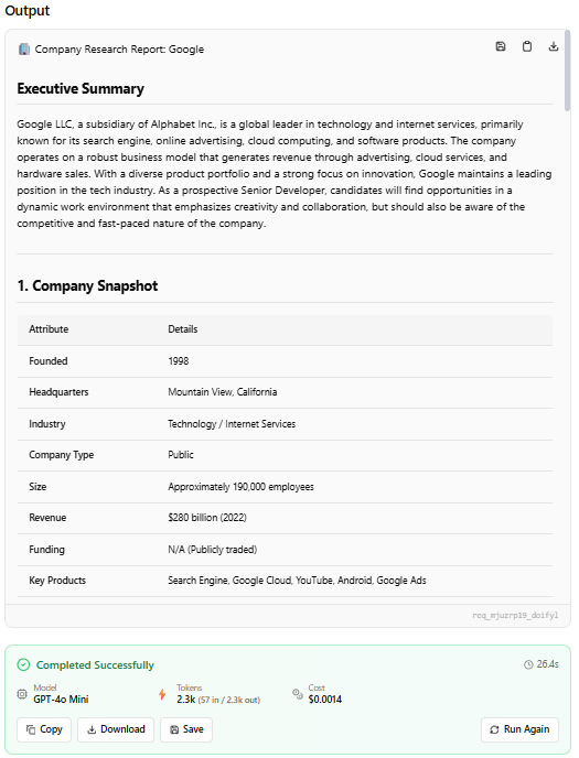 SkillEngine execution results showing Company Research Report output