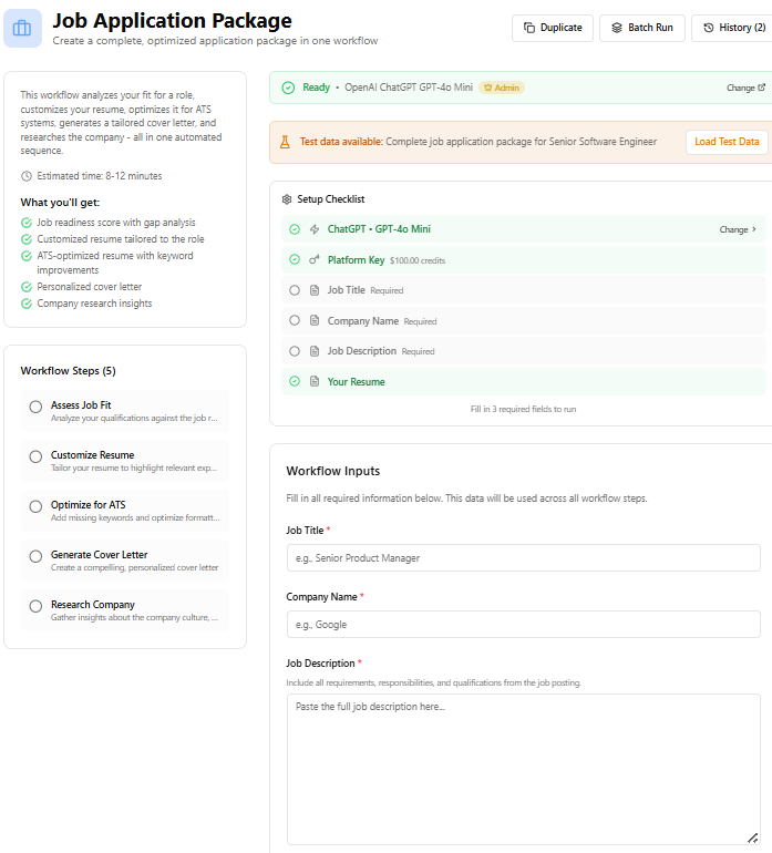 SkillEngine Job Application Package workflow with 5 automated steps